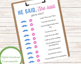 He Said, She Said Printable bridal shower/bachelorette game. Instant download digital PDF