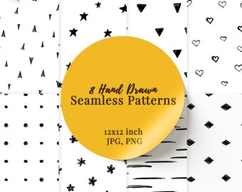 Hand Drawn Seamless Patterns, Doodle Pattern, Hand Drawn Textures, Seamless Digital Paper, Black and White Doodles, Commercial Use