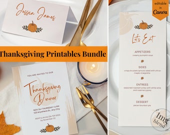 Thanksgiving Printable Bundle, Thanksgiving Dinner Bundle, Thanksgiving Menu Template, Editable Place Card, Thanksgiving Invite