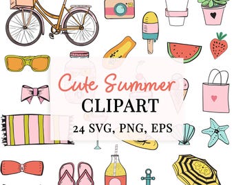Cute Summer Clipart | Pastel Beach Doodles & Vacation Graphics | vector Travel Elements for Crafts, Stickers, Cards | PNG, EPS, SVG