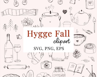 Puede incluir: Ilustración en blanco y negro de objetos con temática otoñal, que incluyen una bufanda, una tetera, una vela, una calabaza y un pastel. El texto central dice "Hygge Fall clipart" con "SVG, PNG, EPS" debajo.