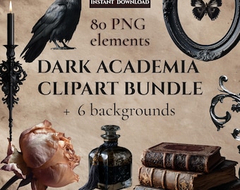 Paquete de imágenes prediseñadas de estilo Dark Academia, elementos PNG góticos, material para diarios creativos y álbumes de recortes (descarga digital)