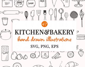 Küche & Bäckerei Clipart Bundle | Handgezeichnete Utensilien zum Kochen, Backen Symbole, Lebensmittel Illustrationen | Back-Gekritzel | SVG-PNG-EPS
