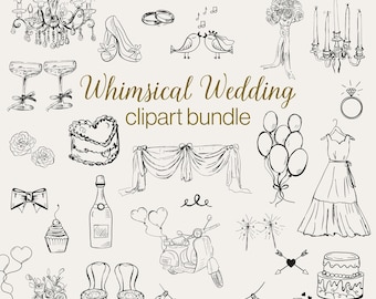 Whimsical Wedding Clipart Bundle, Hand Drawn Bridal Shower PNG, Invitation, Menu, Save the Date, Bachelorette SVG, Romantic Wedding Graphics