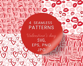 Paquete de patrones sin costuras para el Día de San Valentín, 4 fondos vectoriales, corazones, besos (descarga digital)