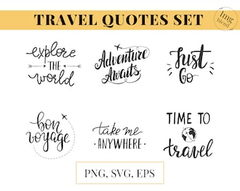 Paquete de vectores con frases de viaje y tipografía aventurera (SVG, PNG, EPS)