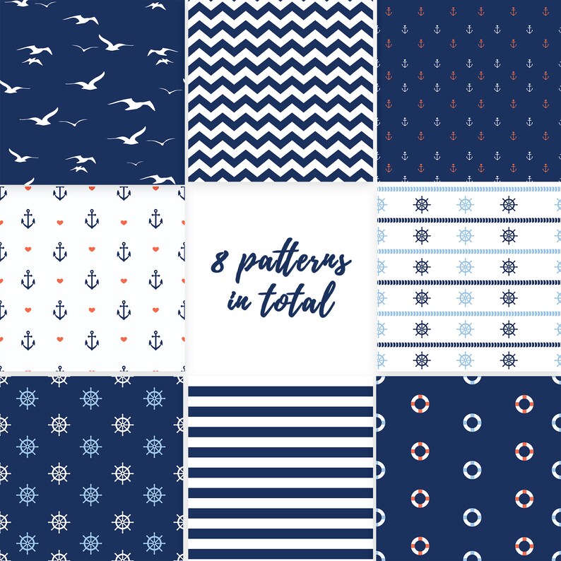 Nautical Digital Paper, Sea Seamless Patterns, Maritime Backdrop, Navy ...