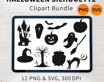Paquete de imágenes prediseñadas de siluetas de Halloween: 12 archivos PNG y SVG de alta resolución, descarga instantánea, uso personal y comercial