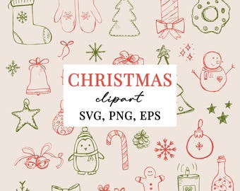 Handritad julclipart | Semesterillustrationer | SVG PNG EPS | Julklotter | Vinterelement för kort, klistermärken, julpyssel