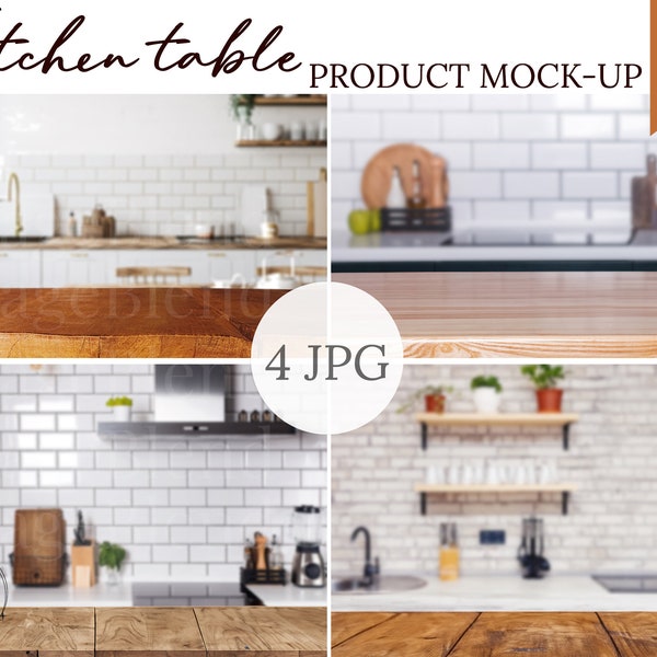 4 Wooden Kitchen Table Stock Photos Set, Product Mock Up, Digital Background, Empty Counter photography, Kitchen Backdrop, Digital Download