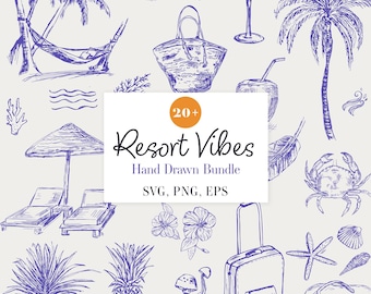 Más de 20 imágenes prediseñadas de resorts / Elementos tropicales de verano dibujados a mano / Arte costero, playero y oceánico / Ilustraciones para despedidas de soltera, SVG, PNG, EPS