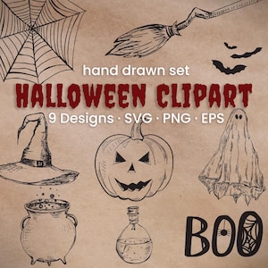 May include: A digital collection of Halloween clipart featuring hand-drawn black ink illustrations on a tan background. Designs include a spider web, broomstick, bats, witch hat, jack-o'-lantern, ghost, cauldron, potion bottle, and the text BOO.
