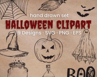 Conjunto de Halloween dibujado a mano, 9 imágenes prediseñadas SVG espeluznantes, arte vectorial Witchcore, paquete de elementos de boceto