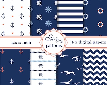Juego de papeles digitales náuticos, diseños marinos, álbum de recortes costero (descarga digital)