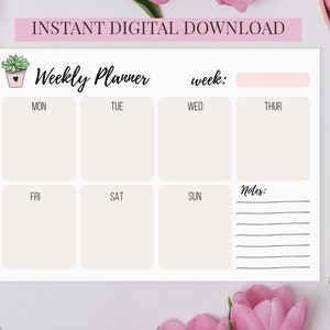 Weekly Planner printable, planner with succulent, cute weekly planner printable, productivity planner