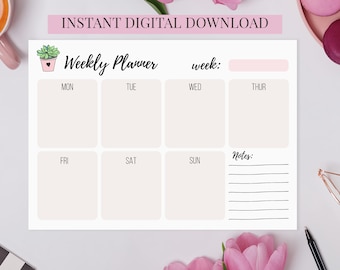 Planificador semanal imprimible con suculentas, un lindo planificador de productividad (descarga digital)