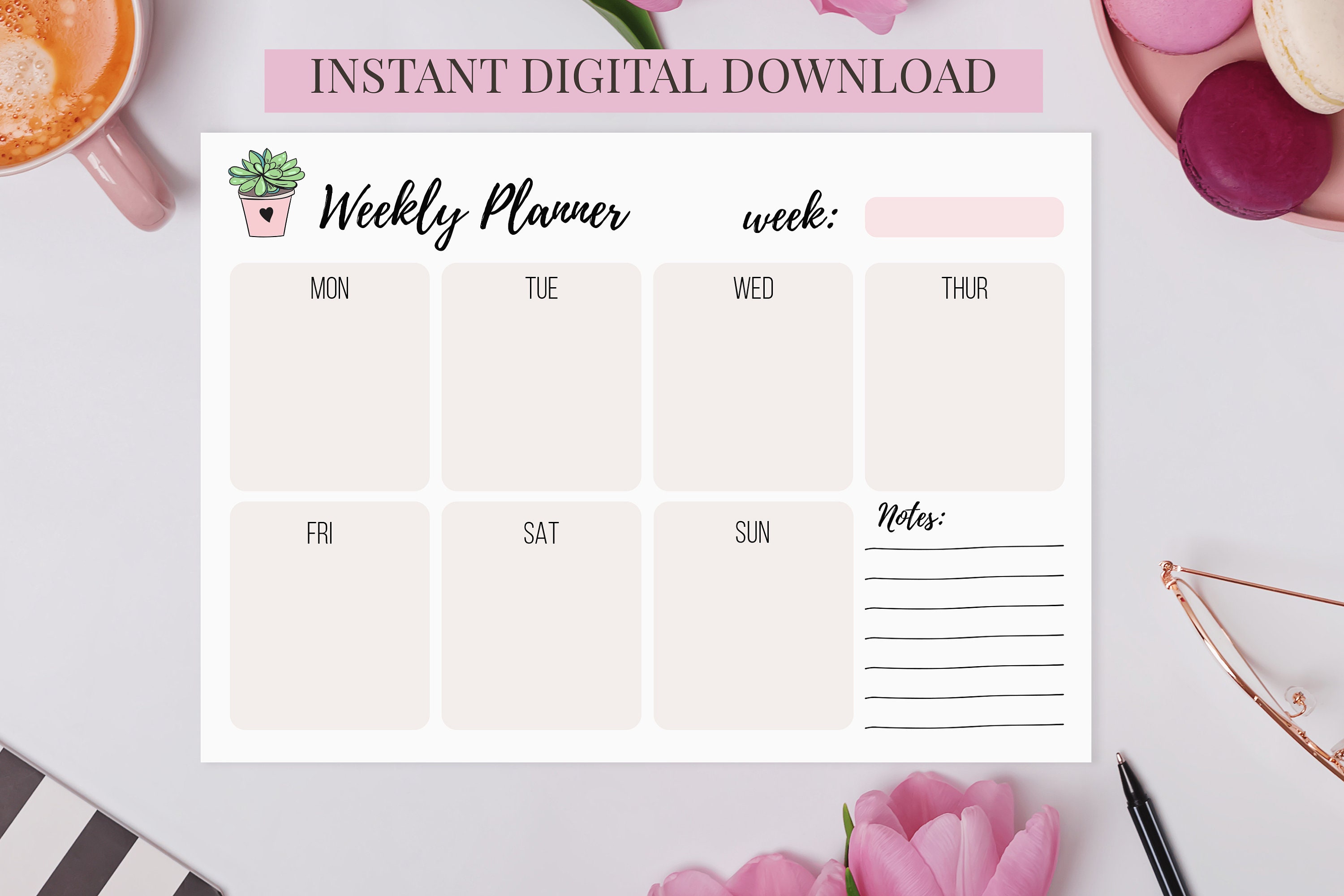 Weekly Planner Printable Planner With Succulent Cute Weekly - Etsy