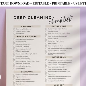 Op de afbeelding: Een afdrukbare checklist voor diepe reiniging op US Letter-papier. De checklist bevat secties voor de entree, keuken, eetkamer, slaapkamers, het hele huis, badkamers en wasgoed.