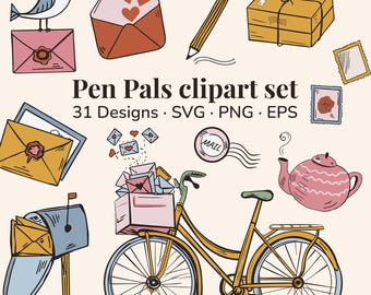 Pen Pals Clipart Bundle, Snail Mail SVG PNG EPS, Envelope Stamp Letter Stationery Set, Happy Mail Junk Journal Scrapbook Digital Download