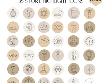 35 portadas neutras para destacar historias de viajes, iconos lineales (CANVA y PNG)