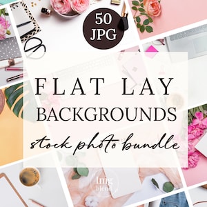 May include: A collage of 50 flat lay background images for use in product photography or social media. The images feature a variety of textures and colors, including pink, white, and yellow. The images also include various props, such as flowers, notebooks, and a laptop.