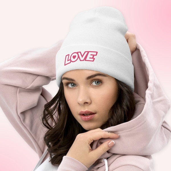 Embroidered Cuffed Beanie with 'Love' and Heart Design - In Brink Pink Color - Perfect Winter Accessory for Women