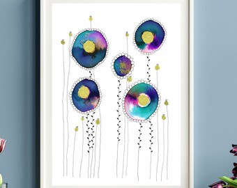 Abstract Ball Flower With Pods Art Print, Wall Decor, Watercolour Painting