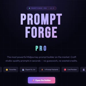 May include: A dark interface featuring the text Prompt Forge Pro in large, light-coloured letters. Below, smaller text reads: The most powerful Midjourney prompt builder on the market. Craft studio-quality prompts in seconds. Includes buttons for features.