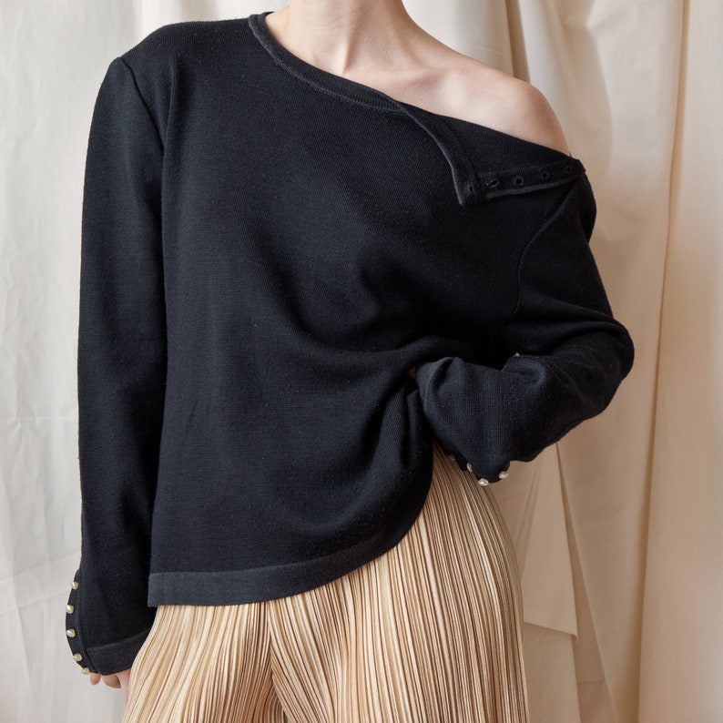 Gucci 1970's Black Wool Sweater with Pearlescent Buttons image 6