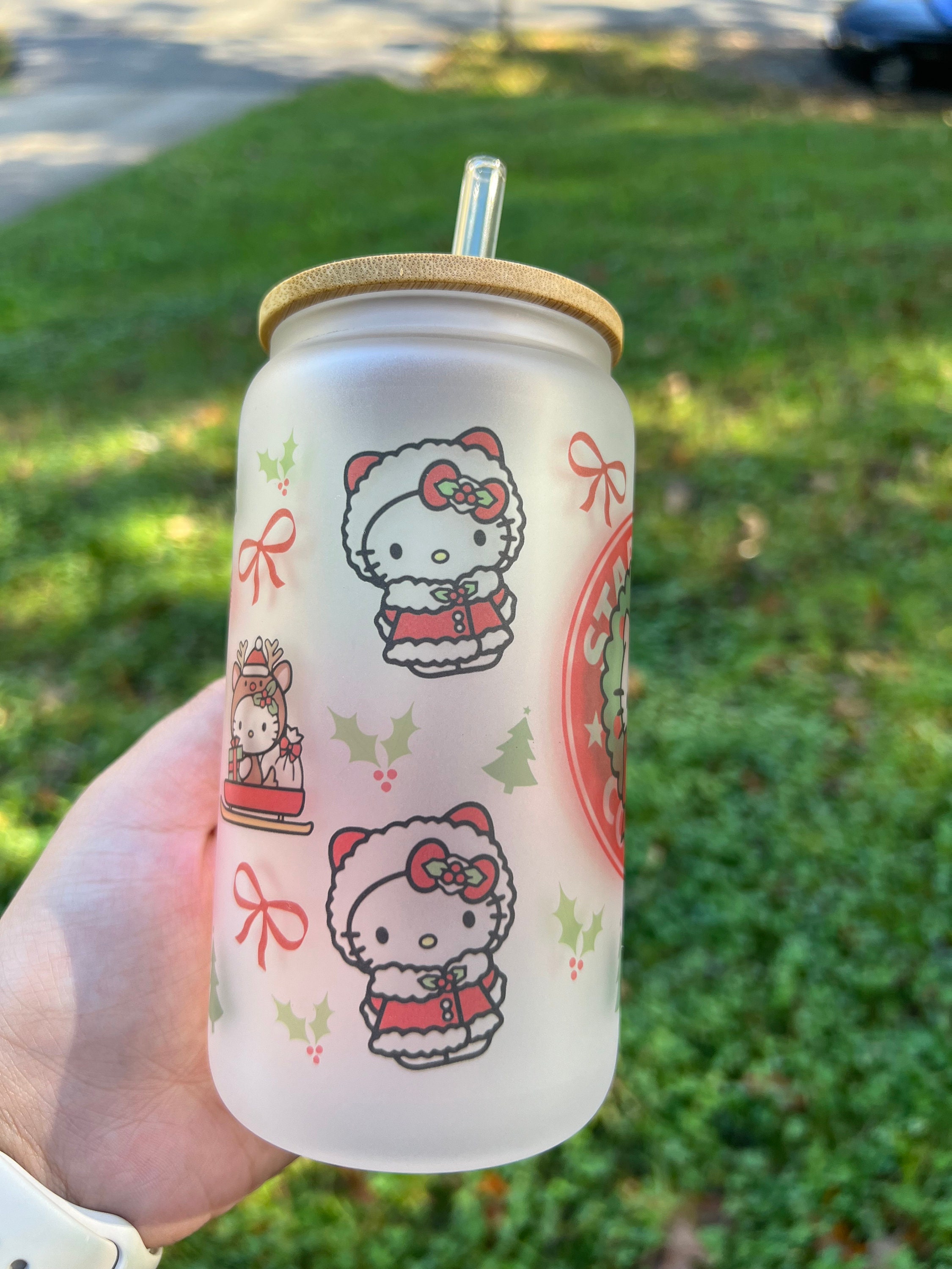 ハローキティ　ミュージックツリー・ストーブ Hello Kitty Christmas Starbucks 16 Oz. Frosted Glass Cup - Etsy