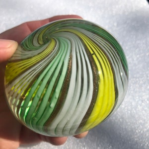 MCM Vibrant round yellow white green swirl vintage paperweight