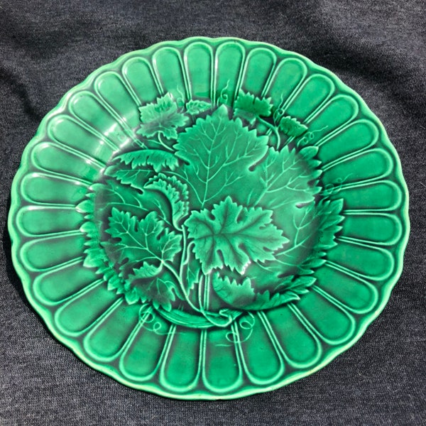 Antique green majolica leaf plate. French made in the late 1800s.
