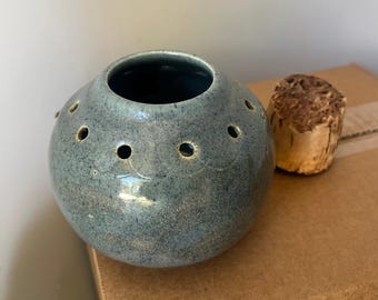 vintage garlic /herb container for kitchen shelf with cork stopper, signed Fraser
