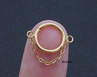 18g 16g Surgical Steel Hinged Clicker Ring With Chain Dangle, Chain Drop Helix, Cartilage, Conch