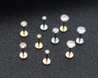 18g 16g Surgical Steel  Internally Threaded Zirconia Gem Tragus Helix Cartilage Labret Stud Piercing