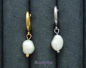 Handmade Stainless Steel Freshwater Baroque Pearl Dangle Huggies Earrings