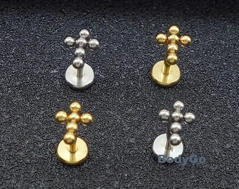 Piercing de acero quirúrgico con forma de cruz, con cuentas, para cartílago, hélice, caracola, rosca interna, 18 g y 16 g