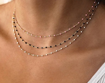 Dainty Stainless Steel Resin Beads Satellite Necklace Adjustable Chain Tiny Beaded Necklace