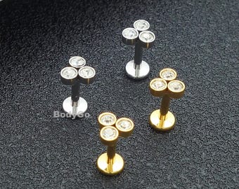 18g 16g Surgical Steel Triple Zirconia Gem Helix Cartilage Labret Stud Flat Back Piercing