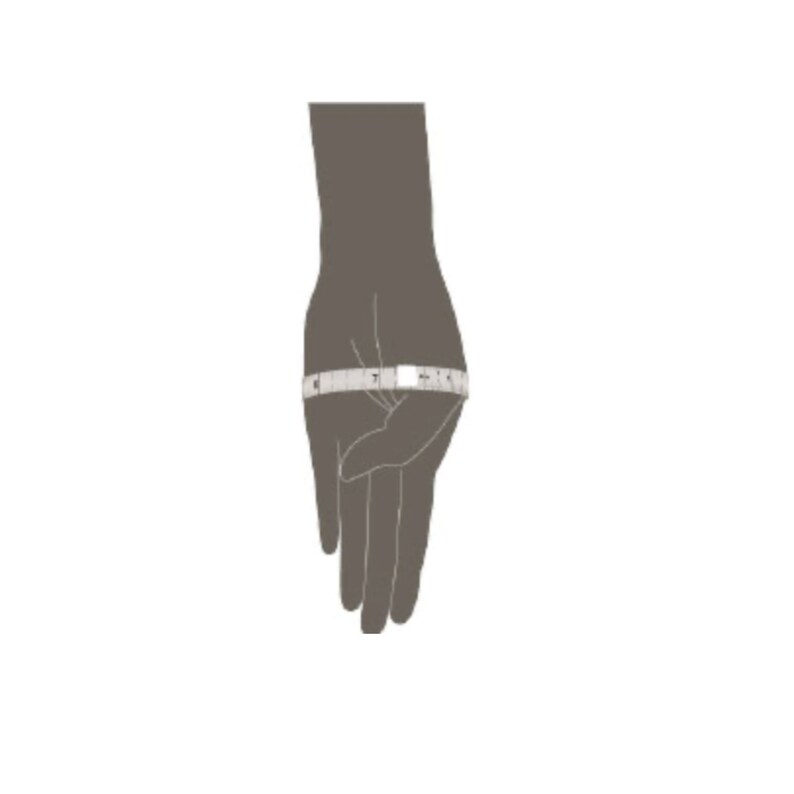 May include: A hand with a measuring tape wrapped around the wrist. The tape measure is white with black markings, indicating measurements in centimetres. The hand is silhouetted against a white background, highlighting the measurement process.