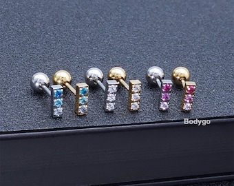 Minimalist Surgical Steel Three CZ Gems Dainty CZ Bar Shaped Stud Stick Earrings