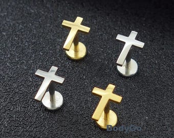 Piercing de acero quirúrgico con forma de cruz para cartílago, hélice, caracola, rosca interna, 18 g y 16 g