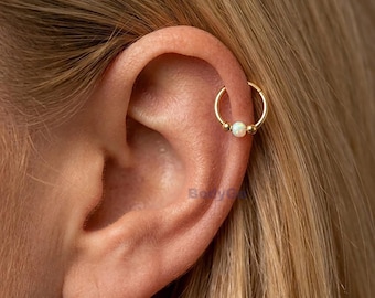 Dainty Opal Bead Surgical Steel Hinged Hoop Clicker Ring, Septum Helix Cartilage Piercing