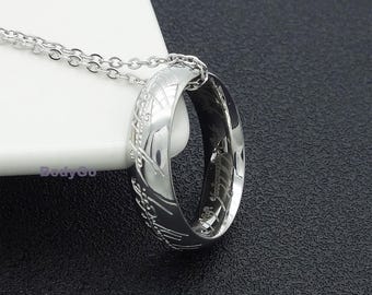 Stainless Steel 3D Engraved Sauron Ring On Chain Necklace Elvish Script Movie Fans Cosplay