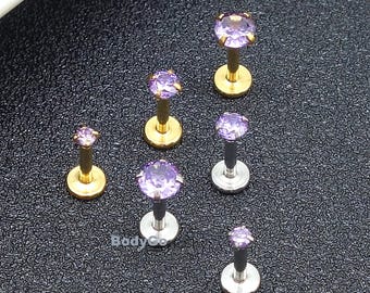 16g Surgical Steel Purple Zirconia CZ Gem Tragus Helix Cartilage Labret Stud Piercing
