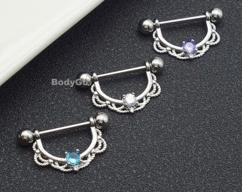 A Pair 14G Surgical Steel CZ Gem Nipple Rings/Nipple Shield/Nipple Jewelry/Nipple Barbell/Straight Bar/Nipple Piercing