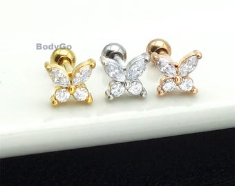Piercing para cartílago de hélix, trago, mariposa, circonita, acero quirúrgico de 16 g