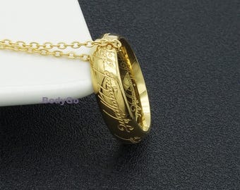 Stainless Steel 3D Engraved Sauron Ring On Chain Necklace Elvish Script Movie Fans Cosplay