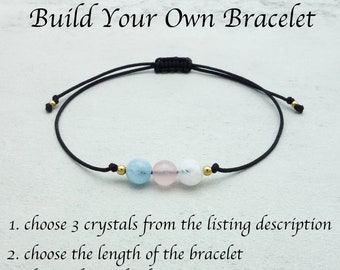 Pulsera de cristal anudada personalizada. Elige 3 cuentas de piedras preciosas y crea tu propia pulsera.