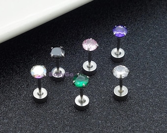 Pair Minimalist Stainless Steel Cubic Zirconia Stud Earrings Flat Back